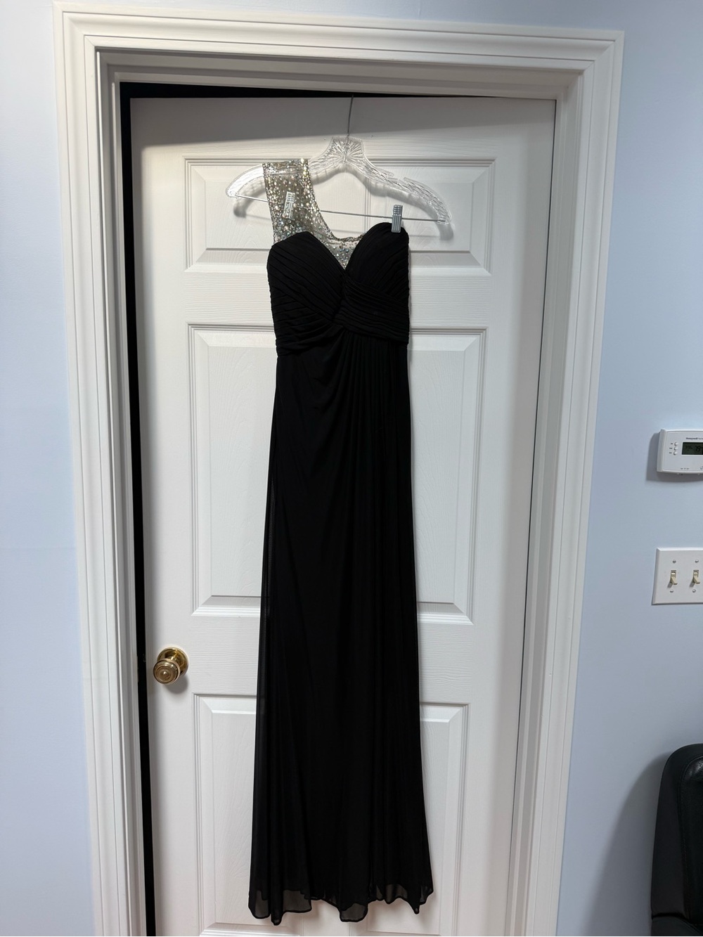 La Femme Black One-Shoulder Evening Gown with Beaded Strap